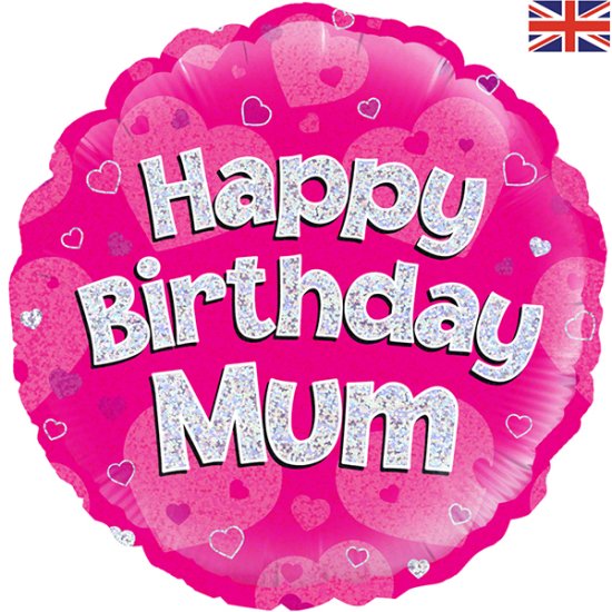 18" Happy Birthday Mum Pink Holographic Foil Balloons - Click Image to Close