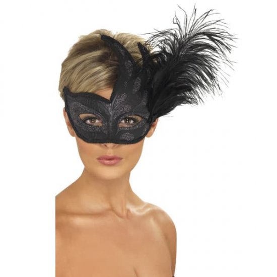 Black Ornate Colombina Feather Mask x3 - Click Image to Close
