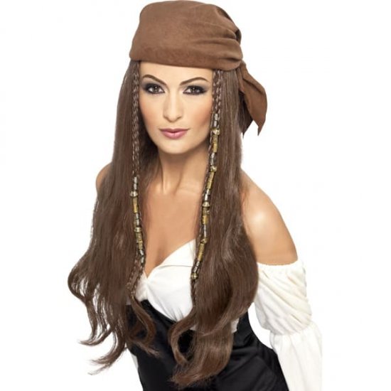 Brown Pirate Wig With Bandana - Click Image to Close