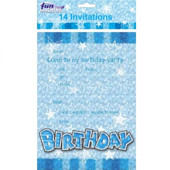 Happy Birthday Blue Glam Invitations 14pk - Click Image to Close