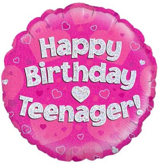 18" Happy Birthday Teenager Pink Holographic Balloons - Click Image to Close