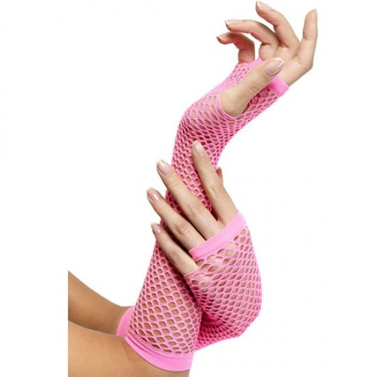 Long Hot Pink Fishnet Gloves - Click Image to Close