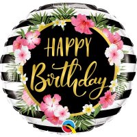 18" Happy Birthday Hibiscus Stripes Foil Balloons