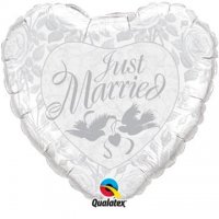 36" Just Married Pearl White And Silver Foil Balloons