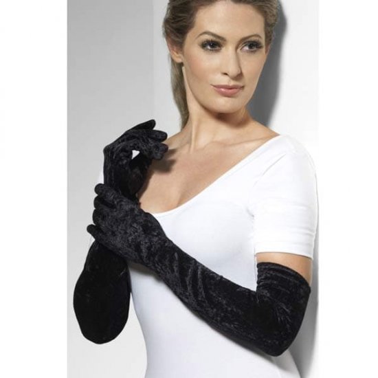Black Long Velveteen Gloves 53cm - Click Image to Close