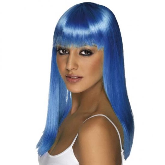 Neon Blue Glamourama Wigs With Fringe - Click Image to Close