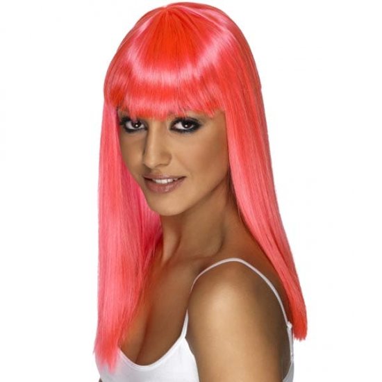 Neon Pink Glamourama Wigs With Fringe - Click Image to Close