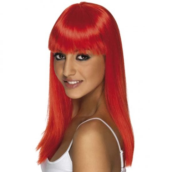 Neon Red Glamourama Wigs With Fringe - Click Image to Close
