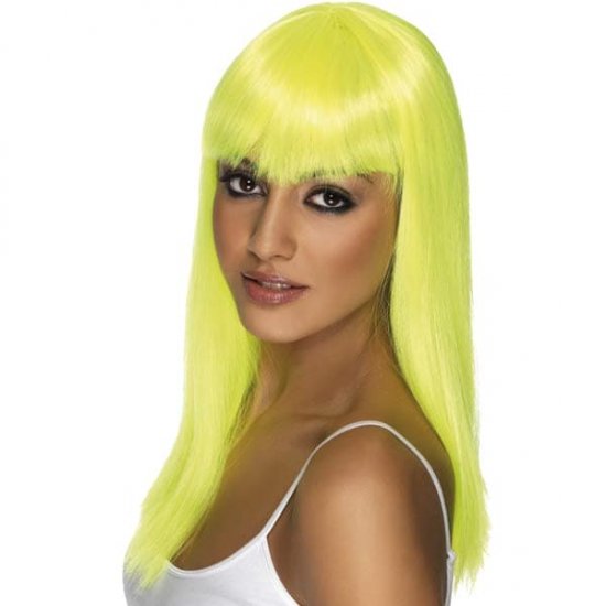 Neon Yellow Glamourama Wigs With Fringe - Click Image to Close