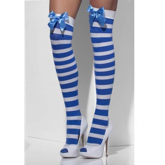 Blue And White Striped Thigh High Stockings - Click Image to Close