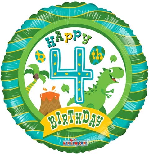 18" Happy 4th Birthday Dinosaur Foil Balloons - Click Image to Close