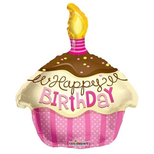 18" Happy Birthday Pink Cupcake Foil Balloons - Click Image to Close
