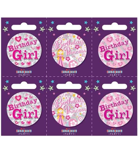 Birthday Girl Assorted Small Badges x6 - Click Image to Close