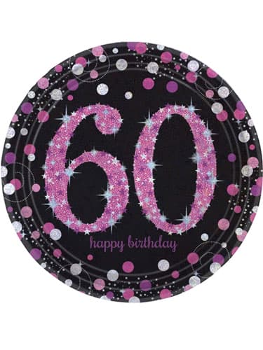 60th Birthday Pink Celebration Plates 8pk - Click Image to Close