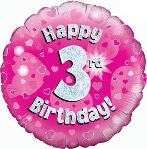 18" Happy 3rd Birthday Pink Holographic Balloons - Click Image to Close