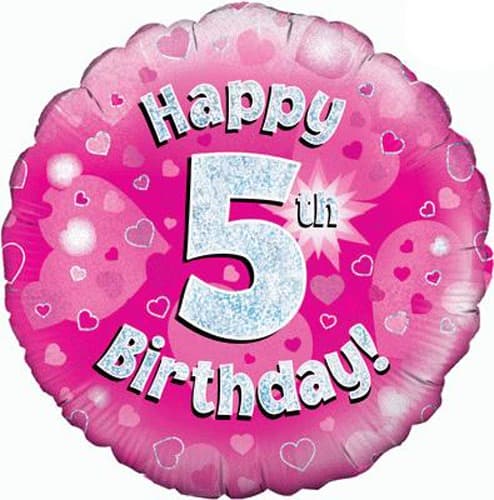 18" Happy 5th Birthday Pink Holographic Balloons - Click Image to Close