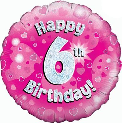 18" Happy 6th Birthday Pink Holographic Balloons - Click Image to Close