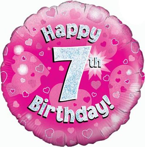 18" Happy 7th Birthday Pink Holographic Balloons - Click Image to Close