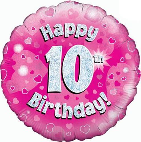 18" Happy 10th Birthday Pink Holographic Balloons - Click Image to Close