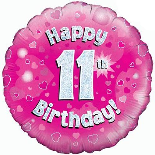 18" Happy 11th Birthday Pink Holographic Balloons - Click Image to Close