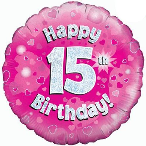 18" Happy 15th Birthday Pink Holographic Balloons - Click Image to Close