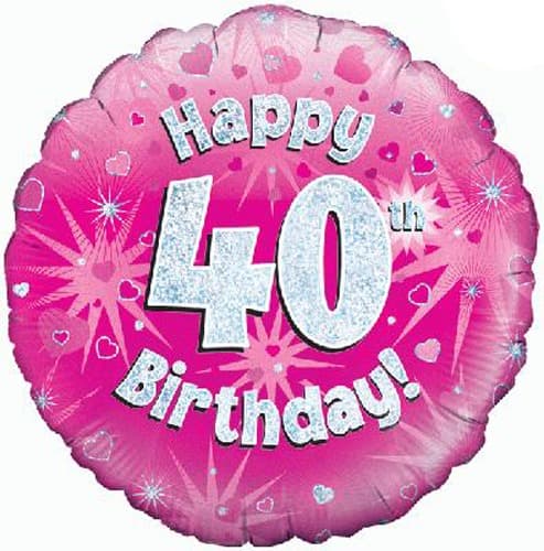 18" Happy 40th Birthday Pink Holographic Balloons - Click Image to Close