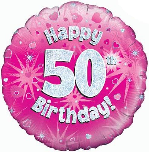 18" Happy 50th Birthday Pink Holographic Balloons - Click Image to Close