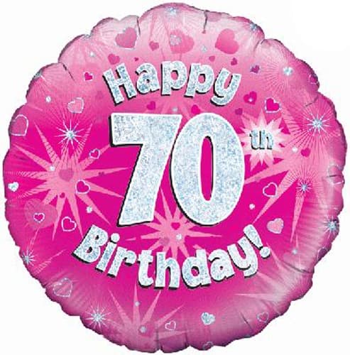 18" Happy 70th Birthday Pink Holographic Balloons - Click Image to Close