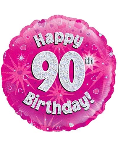 18" Happy 90th Birthday Pink Holographic Balloons - Click Image to Close