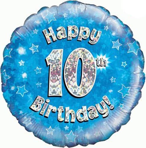 18" Happy 10th Birthday Blue Holographic Balloons - Click Image to Close