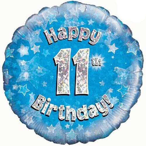 18" Happy 11th Birthday Blue Holographic Balloons - Click Image to Close