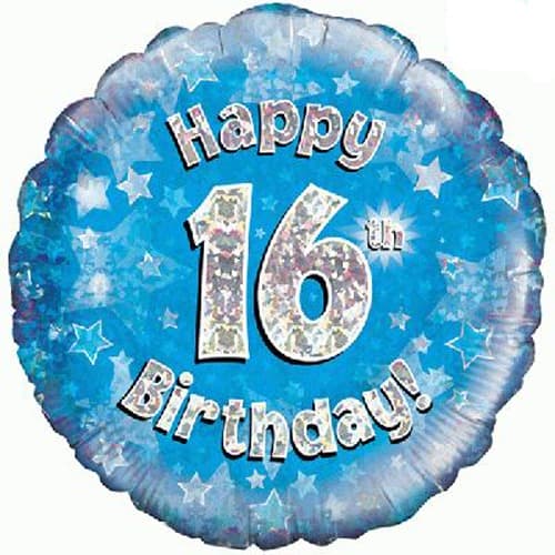 18" Happy 16th Birthday Blue Holographic Balloons - Click Image to Close