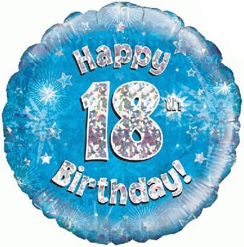 18" Happy 18th Birthday Blue Holographic Balloons - Click Image to Close