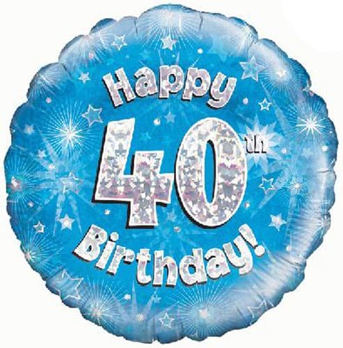 18" Happy 40th Birthday Blue Holographic Balloons - Click Image to Close
