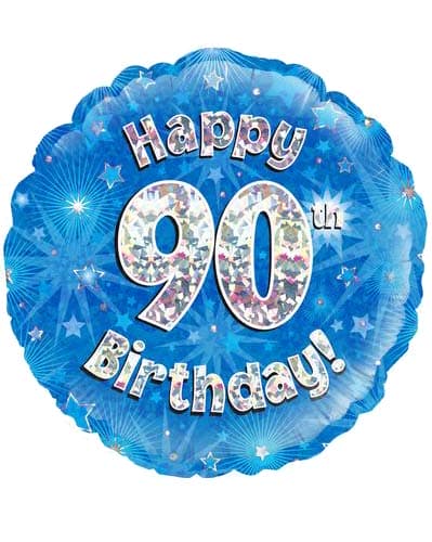 18" Happy 90th Birthday Blue Holographic Balloons - Click Image to Close
