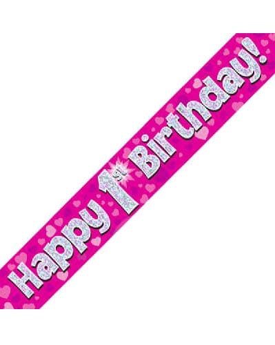 Happy 1st Birthday Pink Holographic Banner - Click Image to Close