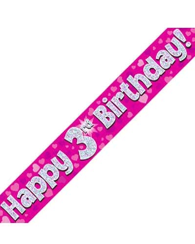 Happy 3rd Birthday Pink Holographic Banner - Click Image to Close