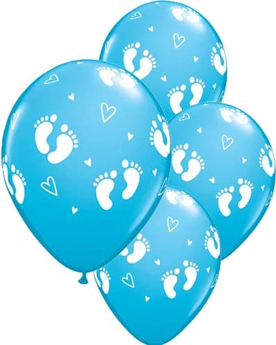 11" Baby Boy Footprints & Hearts Latex Balloons 25pk - Click Image to Close