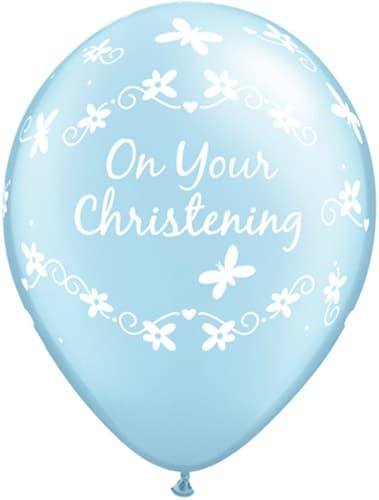 11" Pearl Blue Christening Butterflies Latex Balloons 25pk - Click Image to Close