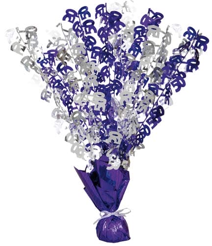 50th Purple And Silver Foil Balloon Weight Centrepiece - Click Image to Close