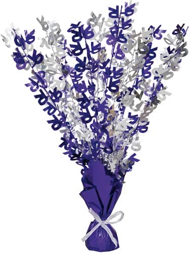 70th Purple And Silver Foil Balloon Weight Centrepiece - Click Image to Close