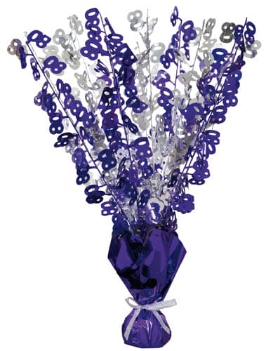 80th Purple And Silver Foil Balloon Weight Centrepiece - Click Image to Close