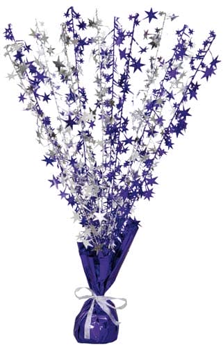 Purple And Silver Stars Foil Balloon Weight Centrepiece - Click Image to Close