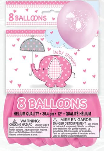 12" Pink Baby Shower Umbrella Elephants Latex Balloons 8pk - Click Image to Close