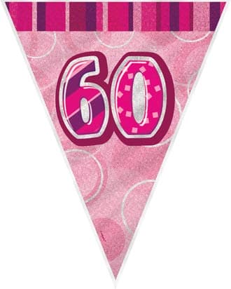 Age 60 Pink Glitz Flag Bunting - Click Image to Close