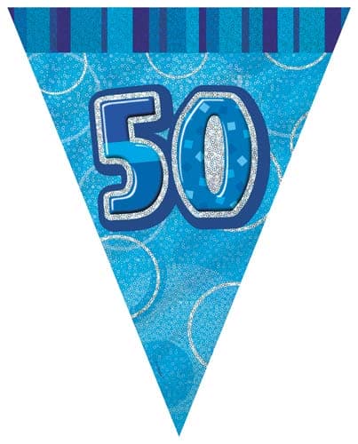 Age 50 Blue Glitz Flag Bunting - Click Image to Close