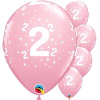 11" Age 2 Stars Around Pink Latex Balloons 6pk