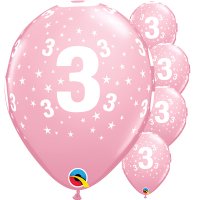 11" Age 3 Stars Around Pink Latex Balloons 6pk