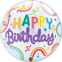 22" Happy Birthday Swiggle Line & Stars Single Bubble Balloons