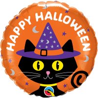 18" Happy Halloween Black Cat & Hat Foil Balloons